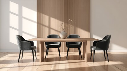 Modern dining room with wood table and grey chairs interior