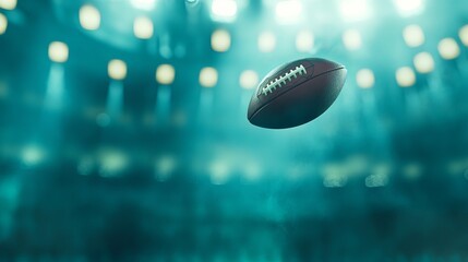 American football floating in the air against blurred stadium lights on a teal background scene view