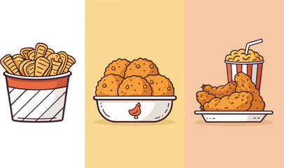 Fried Chicken in carton package in isolated background vector design, Set of Fried Chicken vector design