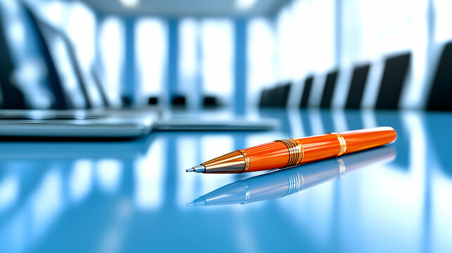 A luxury pen and a stylish leather briefcase resting on a conference table with an open laptop and business files