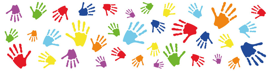 Colorful handprint pattern banner. Multicolored child palm print background for kids activities, school projects, creativity, or diversity celebration. Horizontal playful design on white.