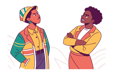Two women with different styles and attitudes facing each other with serious expressions