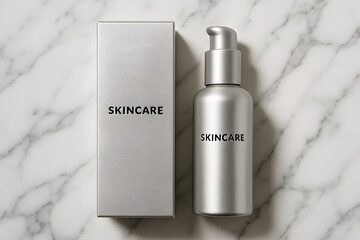 Skincare Essentials: A minimalist still-life photograph of a sleek skincare product, a silver pump bottle and its matching box, on a sophisticated marbled surface.