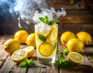 Generated image: Refreshing lemonade with mint, lemons and dry ice vapor