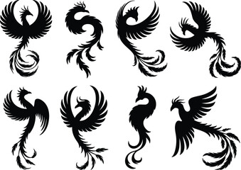 Stylized flying phoenix bird silhouette vector set tribal fire bird tattoo design mythical wings feathers art isolated illustration collection