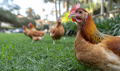 Close-up of a Chicken with Others in the Background on Green Gra