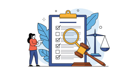 Legal document review and compliance check with justice scales and gavel