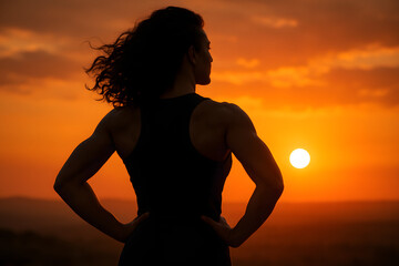 Sunset Silhouette of a Woman: A strong athletic woman stands silhouetted against a vibrant sunset, her back to the camera, conveying strength, determination, and a sense of peace.