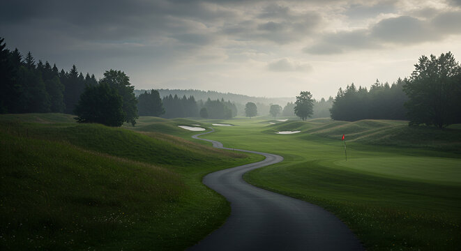 A winding road through a misty golf course - Powered by Adobe
