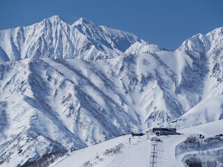 快晴の空と冠雪の北アルプス　長野県白馬村