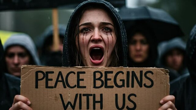 Determined woman holding peace sign during a rainy protest, emphasizing grassroots movements for global harmony