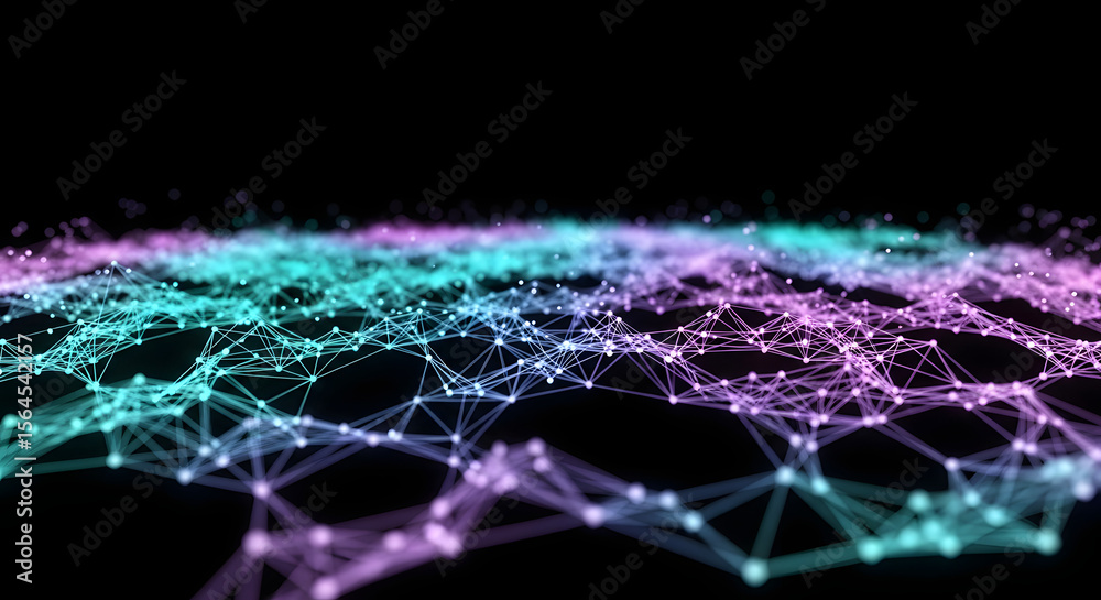Poster digital network abstract: a luminous, interconnected web of glowing dots and lines floats against a 