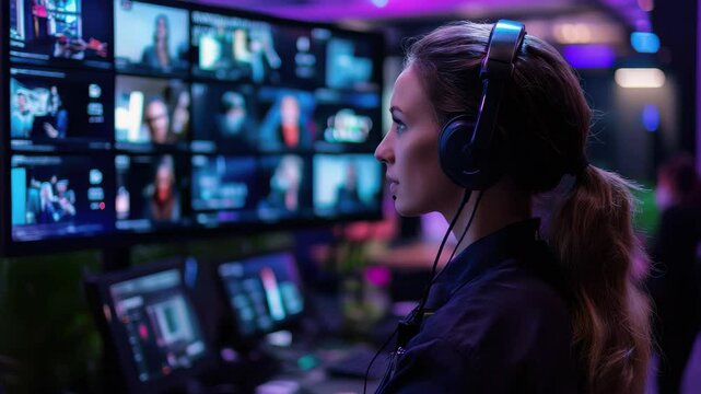 A woman with headphones in a control room monitoring multiple screens during a video conference a