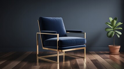 Plush navy armchair with gold frame and potted plant velvet