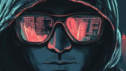 Person in hood, futuristic sunglasses, reflected data - Powered by Adobe