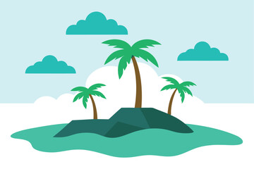 Obraz premium Tropical Island Paradise Palm Trees, Ocean, and Clouds Illustration