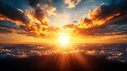 Fototapeta premium Stunning vibrant sunrise over clouds with golden sunlight and dramatic colorful sky scene natural landscape