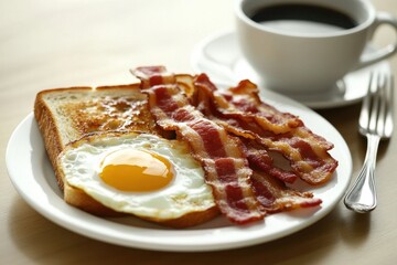 Homemade American breakfast. Fried eggs with bacon and toast, a cup of coffee and a fork on a wooden table. Healthy breakfast. The concept of healthy eating. Morning sunlight