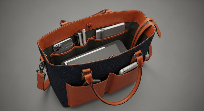 A structured tote bag with orange trim and multiple pockets filled with electronic devices on a gray surface