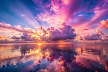 A breathtaking sunset over a calm ocean, with vibrant pink and purple clouds reflecting in the tranquil water