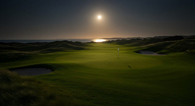 Golf course at night with a full moon