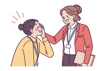 Two smiling women in business attire interacting positively one with her hand on the other s forehead conveying encouragement and support