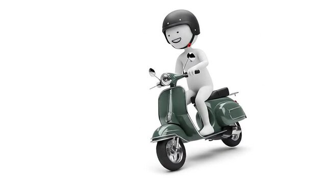 3D stickman Cartoon figure riding vintage scooter
