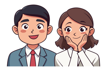 Joyful cartoon man in a suit and tie stands beside a smiling woman with her hands on her cheeks conveying happiness and warmth
