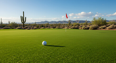 Golf course green with a white ball and red flag