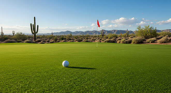 Golf course green with a white ball and red flag - Powered by Adobe