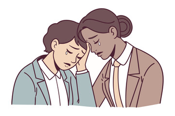 Two women in business attire comforting each other through tears showing empathy and support during a difficult time