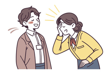 A man with a happy expression and blushing cheeks is talking to a woman who looks distressed and is holding her forehead