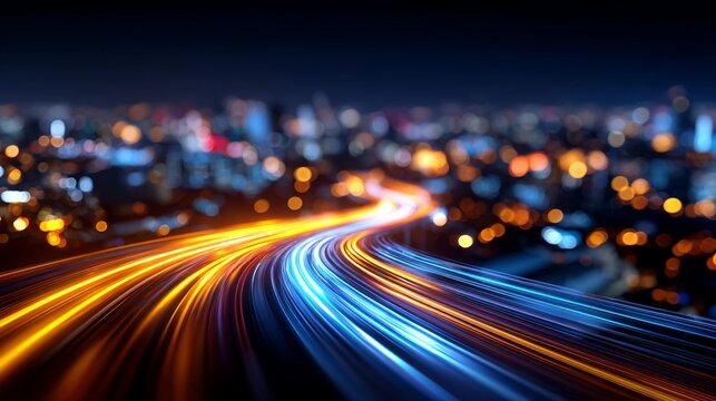 Streaking light trails illuminate a highway leading to a vibrant city at night