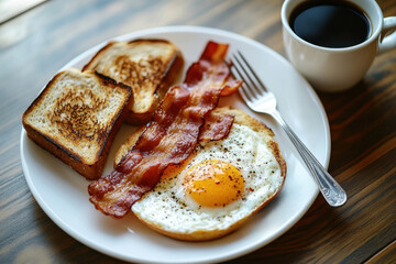 Homemade American breakfast. Fried eggs with bacon and toast, a cup of coffee and a fork on a wooden table. Healthy breakfast. The concept of healthy eating. Morning sunlight