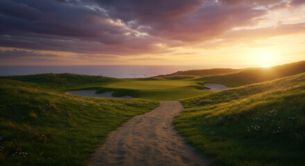 Lush golf course at sunset