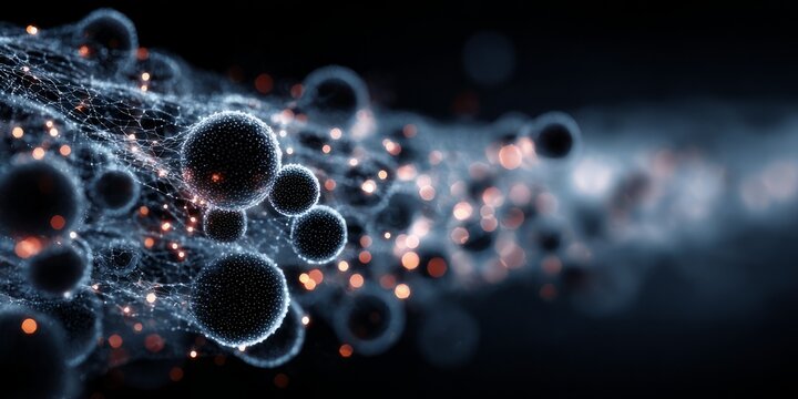 Dark abstract background with glowing spherical molecules connected by luminous networks representing 