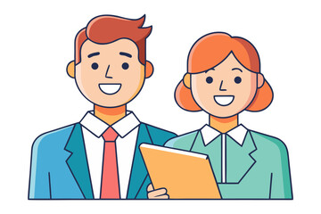 Smiling business colleagues a man and woman in suits collaborating over a document representing teamwork and professional partnership