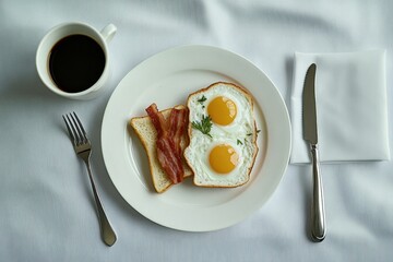 Homemade American breakfast. Fried eggs with bacon and toast, a cup of coffee, a knife and fork on a white table. Healthy breakfast. The concept of healthy eating. Top view