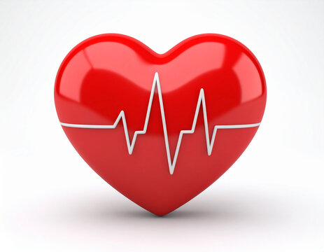 A minimalist 3D rendering of a glossy red heart with a white EKG line across its center, set against a clean white background. Ideal for medical or health themes. - Powered by Adobe