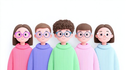 Illustration of a diverse group of five animated young individuals smiling together in pastel sweaters. Children’s Eye Health and Safety Month