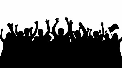 Naklejka premium Silhouette of a crowd with raised hands and a flag in black and white against a plain background view
