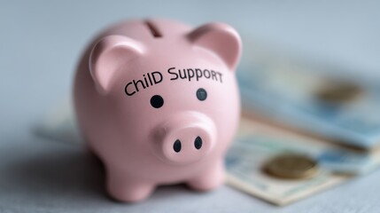 Piggy bank labeled child support with currency bills and coins for savings concept in a bright setting. Child Support Awareness Month