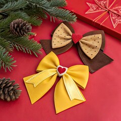 clay yellow and brown Christmas bow with a smaller red bow with heart laying flat on a festive red background with writing space image 