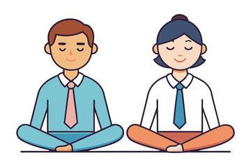 Two diverse professionals in business attire meditating peacefully together to promote workplace wellness and mental clarity
