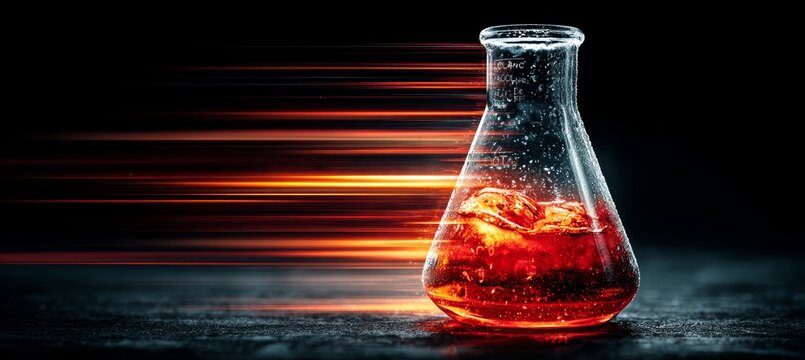 Flask glass with red liquid. Science chemistry scientific laboratory research. Generative AI technology.	
