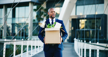 Black man, leaving and business with box for new career, job opportunity or migration in city....