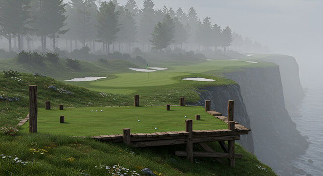 Misty golf course overlooking the ocean