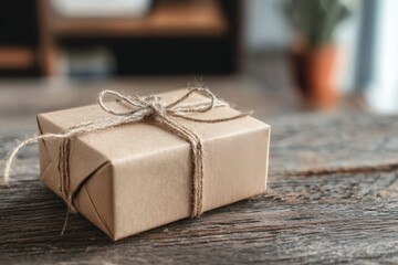 Gift box wrapped in kraft paper with twine on rustic table