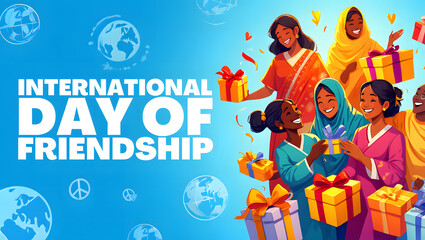 Diverse group of women celebrating international day of friendship exchanging gifts and sharing smiles