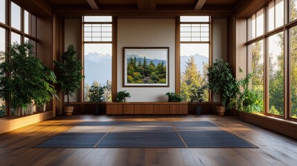 Obraz premium Bright spacious room with large overlooking mountain views and surrounded by greenery